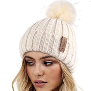 FURTALK Women Winter knitted beanie hat ivory color with removable faux fur pom